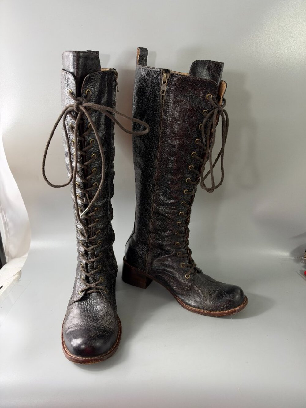 Geewawa Distressed Black Leather Lace-up Tall Boots, Size 9 M